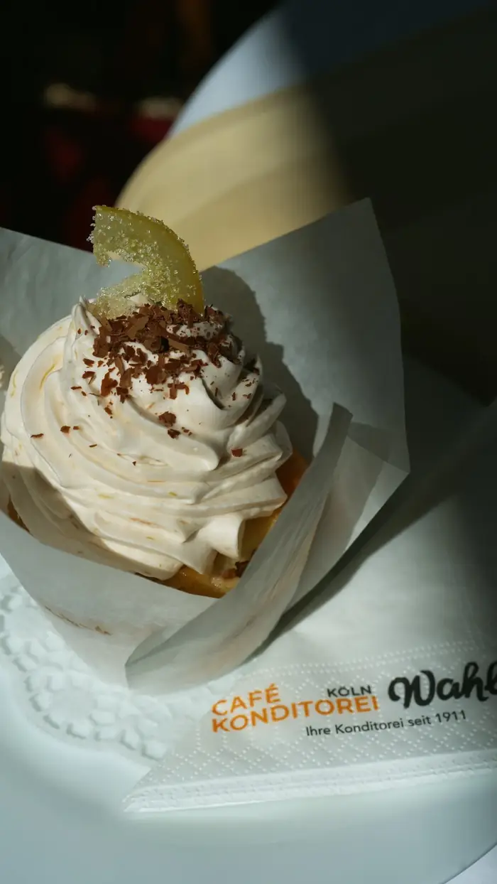 Cupcake mit heller Cremehaube und Schokoladenraspeln