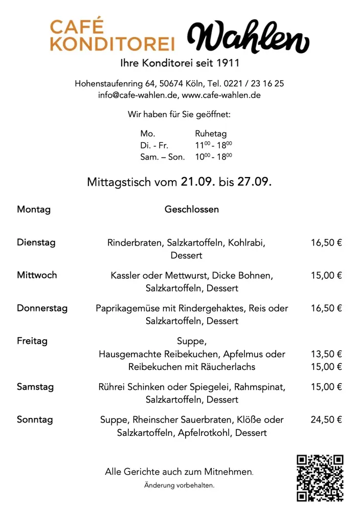 Gedruckte Wochenspeisekarte des Café Wahlen mit Mittagstisch und Preisen
